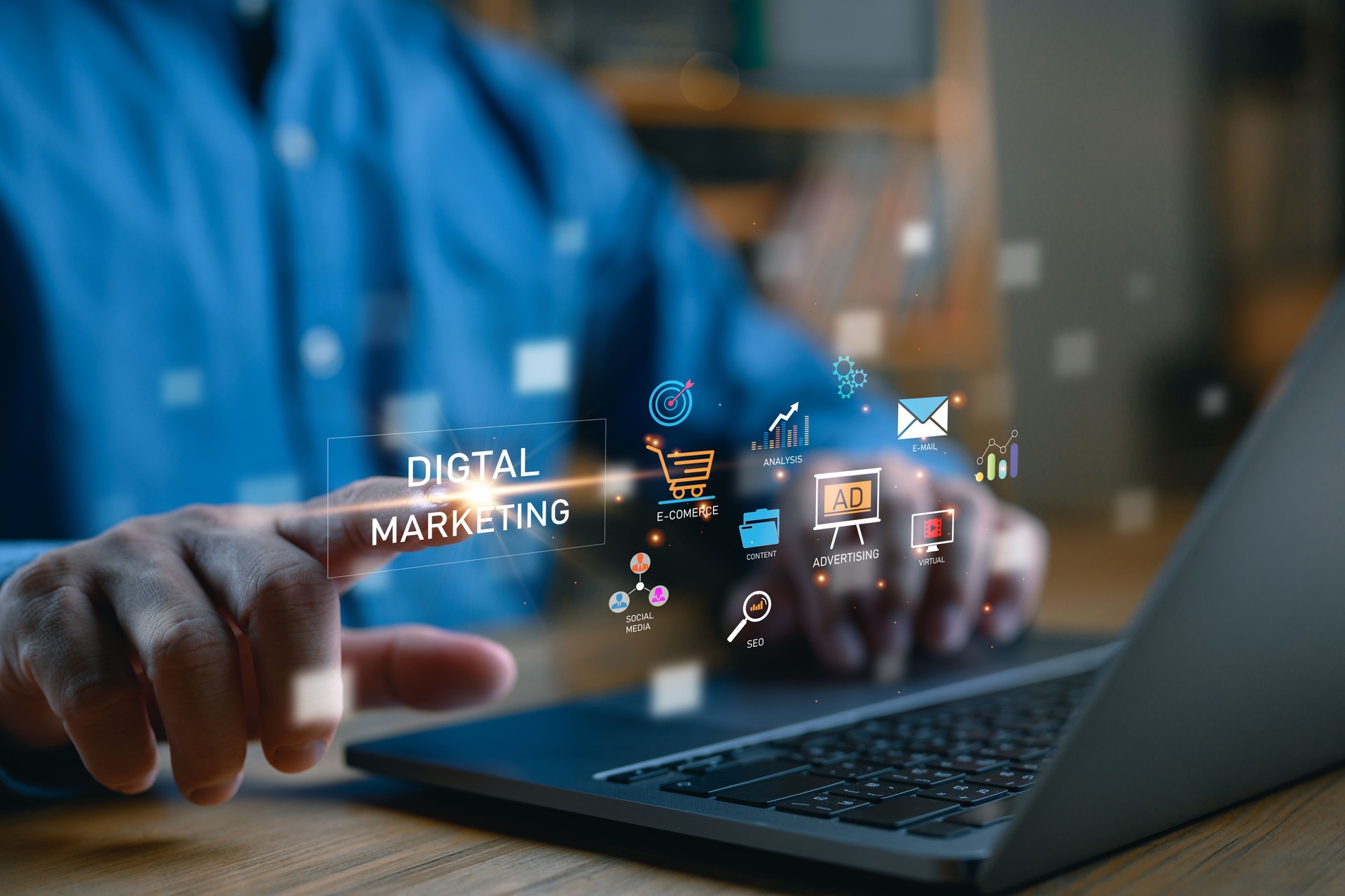 Digital online marketing commerce sale concept. Website advertising, Promotion of products or services through digital channels search engine, social media, email, Digital Marketing Strategy and Goals